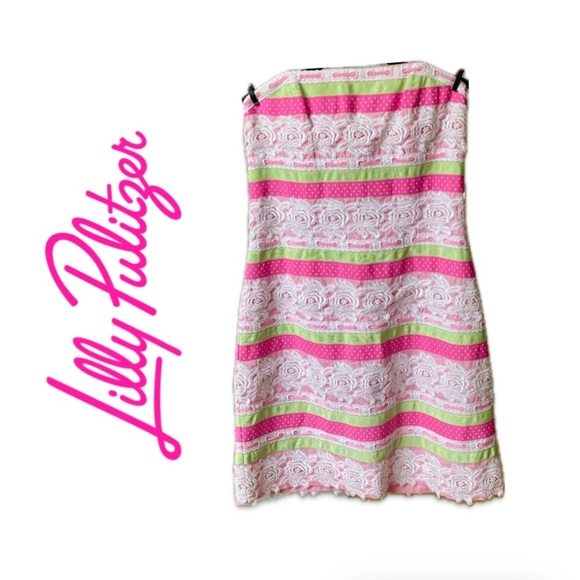 Lilly Pulitzer Dress 4 Strapless Pink Green White Lace Floral Polka Dot Ribbon - Picture 1 of 11